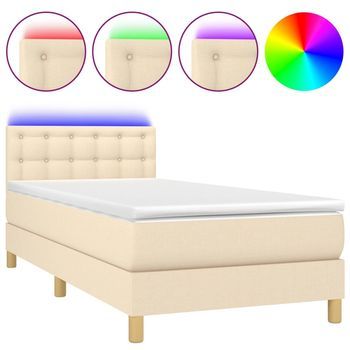 Cama Individual | Cama Para Adultos | Cama Box Spring Con Colchón Y Led Tela Crema 100x200 Cm
