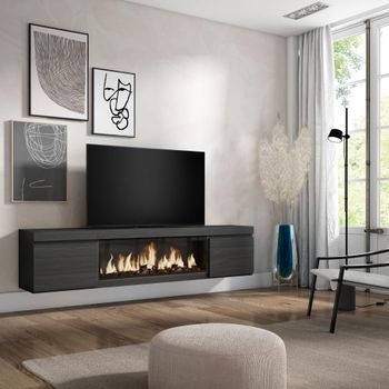 Mueble tv efecto madera negro 208x35x45cm chimenea efecto fuego xxl
