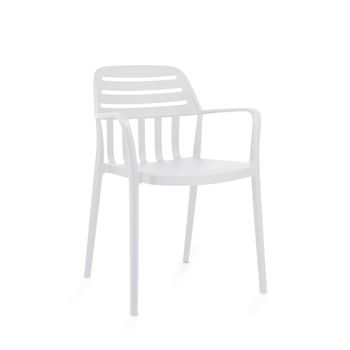 Silla apilable en polipropileno blanco con reposabrazos.