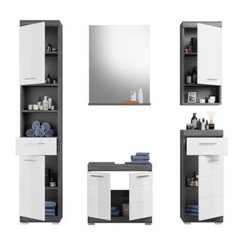 Conjunto Para Baño Scott – Mueble Bajo Lavabo, Espejo, Columna Y 2 Medias Columnas – Gris Oscuro Y Blanco