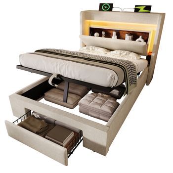 Cama Tapizada, 90x200 Cm, Almacenamiento Hidráulico, Led, Usb, Lino, Beige, Colchón