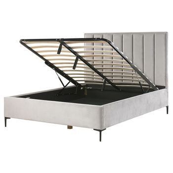 Cama En Terciopelo Gris Claro 160 X 200 Cm Con Almacenamiento Cabecero Acolchado Patas De Metal Negro Sezanne