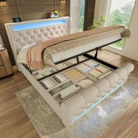 cama tapizada doble 140x190 cm con iluminacion led cabecera con almacenamiento y puertos usb y type-c cofre hidraulico beige terciopelo