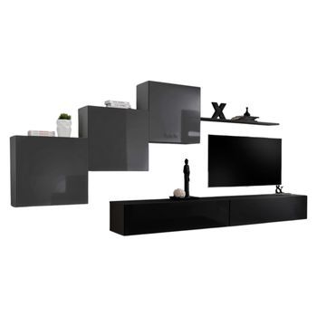 Conjunto De Muebles De Salón Mural Switch X Diseño, Color Negro Y Gris Brillante.