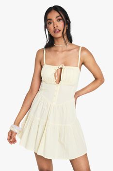 Vestido Mini Estilo Mesonera De Algodón Con Ribete De Encaje, Amarillo
