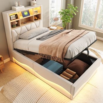 Cama Con Cabecero Y Canapé De 90 X 200 Cm - Tejido De Lino - Led, Tomas Usb Y Compartimentos De Almacenaje - Beige (sin Colchón)