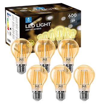 Aigostar - Bombilla LED E27 Edison, 6W Equivalente a 48W, Blanco Cálido 2200K, 600 Lúmenes, Bombilla LED Vintage Decorativa A60 de Filamento, No Regulable, Cristal ámbar, Pack 6