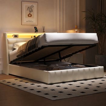 Cama Plataforma 160x200 Blanca Con Almacenamiento, Luces Led Y Cabecero Ajustable
