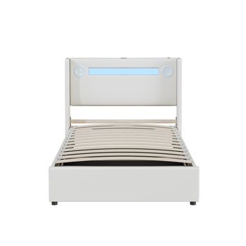 Cama Infantil Juvenil 90x200 Con Led, Reproductor Bluetooth Y Usb, Cama De Almacenamiento En Pu De Cuero, Estructura De Acero, Resistente Hasta 150kg, Sin Necesidad De Colchón Boxspring, Fácil De Montar