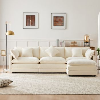 Sofá Esquinero De 3 Plazas Con Reposapiés - 283 X 147 X 84 - Tejido Chenilla - Beige