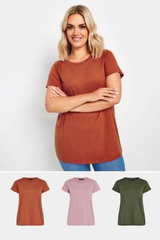 Yours Juego 3 Camisetas Manga Corta: Terracota, Rosa Y Verde, Mujer Curvy Y Tallas Grandes, Yours