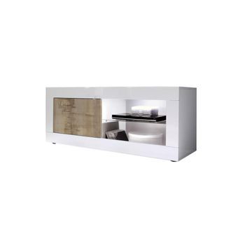 Mueble De Tv 1 Puerta, Colección Isora, Color Blanco Lacado Brillante Y Roble Claro