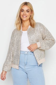 Yours Cazadora Bomber Con Lentejuelas Plateadas, Mujer Curvy Y Tallas Grandes, Yours