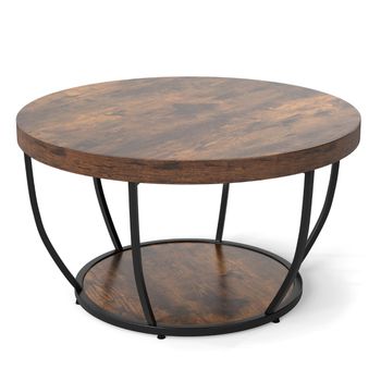 Costway Mesa de Café Redonda de 2 Niveles con Almacenaje Mesa de Té de 80 cm con Estructura de Metal Mesa Lateral para Sala de Estar