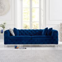 amara blue plush velvet 3 seater sofa