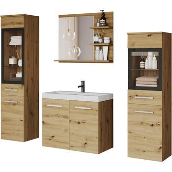 Conjunto De Muebles De Baño Madrid I, Juego De Muebles De Baño, Lavabo Incluido, Con Iluminación Led, Color Roble Artisan
