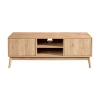 mueble de tv vintage con 2 puertas y 2 estantes de bambu y mdf marron