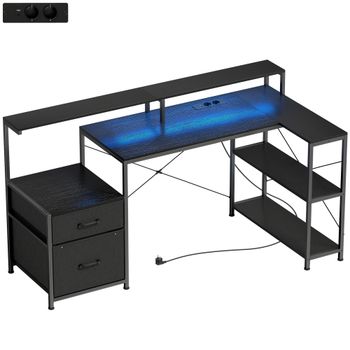 HOMCOM Escritorio Gaming en L con LED y Enchufes, 165x80x91,5 cm, Negro   Aosom España