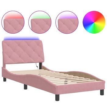 Cama Individual | Cama Para Adultos | Estructura De Cama Con Luces Led Terciopelo Rosa 80x200 Cm