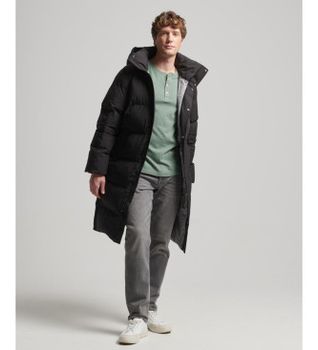Superdry para hombre. M5011784A Abrigo acolchado largo con capucha negro (S), Casual, Poliéster Reciclado, Sostenible