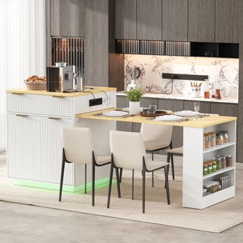 Isla De Cocina Con Ruedas Blanca, Mesa Extensible De 127,5–205 Cm, Led Y Cajones