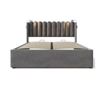 Cama tapizada 140x200 - leselicht con carga, cabecero con almacenamiento, cama juvenil de terciopelo - gris