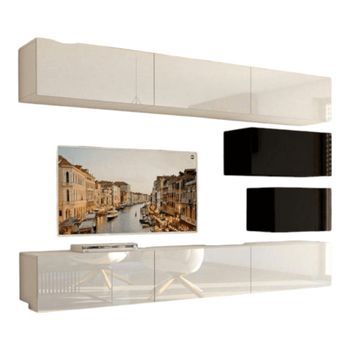 Conjunto De Muebles De Sala Blancos Y Negros Suspendidos Colección Cepto Xvi 249cm, 8 Muebles, Modulares.