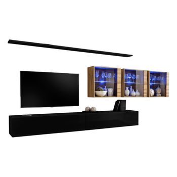 Conjunto De Muebles De Salón Mural Switch Xvii Diseño, Color Negro Brillante Y Roble Wotan.