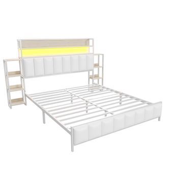 Cama Tapizada 140 X 200 Cm - Polipiel Y Metal - Cabecero Con Almacenaje Y Led - Blanco (sin Colchón)