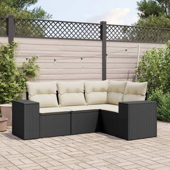 Conjunto De Sofás Jardín 4 Uds | Mueble Jardin Mesa Y Sillas Con Cojines Ratán Sintético Negro Cfw346493