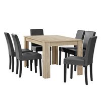 mesa de comedor  6 sillas forssa mdf y polipiel 140x90x77cm - roble claro  gris oscuro encasa