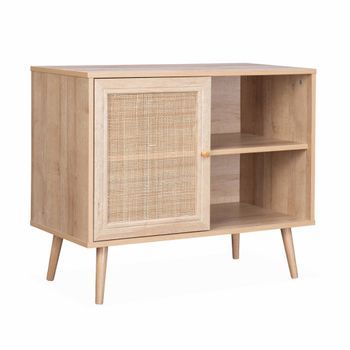 Aparador Estilo Escandinavo Con 1 Puerta De Caña, 80cm, Natural