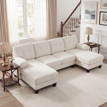 Canapé En U Convertible 4 Plazas Moderno Con Chaise Longue, Respaldo Ajustable, En Chenilla Beige Para Salón