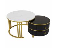 juego de 2 mesas de centro nido con 2 cajones - tapa con diseno de marmol - dorado y negro