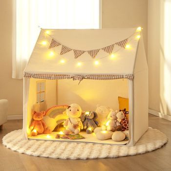 Tienda De Juegos Para Niños De 3-8 Años Con Tapete Acolchado Y 2 Bolsillos De Almacenamiento Luces De Estrellas Pancarta De Bandera Beige