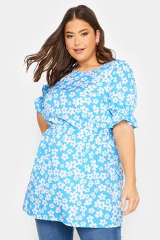 Yours Top Peplum Azul De Flores Blancas, Mujer Curvy Y Tallas Grandes, Yours