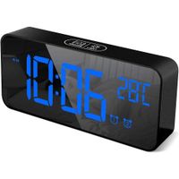 reloj despertador digital con pantalla led de temperatura alarma de espejo portatil con alarma doble tiempo de repeticion 4 niveles de brillo regulable dimmer 10 musica puerto de carga
