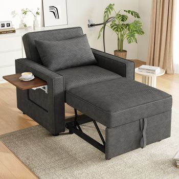 Sillón Convertible De 1 Plaza, Plegable, De Pana, Con Puerto Usb Y Soporte Para Teléfono Móvil, Color Gris.