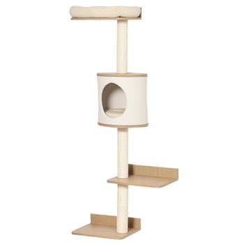 PawHut Árbol para Gatos de Pared con Múltiples Plataformas Cueva Cama Superior Cojín Postes Rascadores 38x30x149 cm Beige y Roble   Aosom España