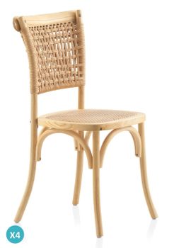 Pack 4 sillas madera de olmo con asiento y respaldo trenzado