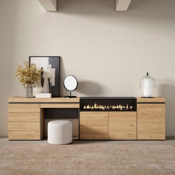 Aparador efecto madera roble 277x35x75cm chimenea efecto fuego