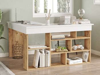 Escritorio con estantes decor pino y blanco l180 cm