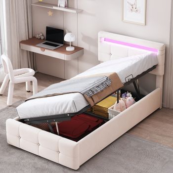 Cama Infantil 90x200cm En Terciopelo,con Luces Led Rgb Controladas Por App Y Mando,almacenamiento Hidráulico,estructura De Madera Y Metal,200kg,beige