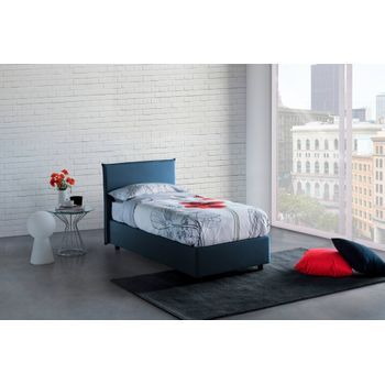 Talamo Italia Cama Individual Con Contenedor Anna, Made In Italy, Cama Con Revestimiento De Tela, Apertura Frontal, Apta Para Colchón 80x200 Cm, Azul