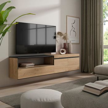 Mueble tv efecto madera roble y negro 200x35x45cm colgado