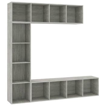 3 Uds Mueble Tv | Mueble De Salón | Armario Tv Y Librería Gris Hormigón 180x30x180 Cm