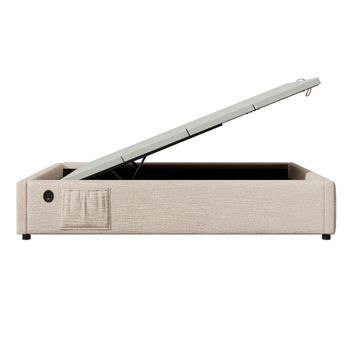 Cómoda Tapizada 90×190 Cm - Tela De Lino - Con Enchufes De Carga Y Cojín De Láminas - Beige