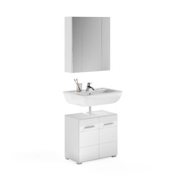 Conjunto Para Baño: Mueble Bajo Lavabo + Mueble De Almacenamiento Con Espejo - Blanco Lacado - Kleankin