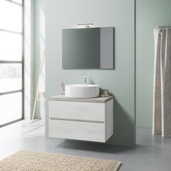 Mueble Suspendido De 80 Cm Con Cajones En Roble Blanco, Top De Concreto Y Espejo | Elba