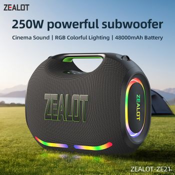 ZEALOT-ZE21 Altavoz Bluetooth Portátil de 250W, Alta Potencia, Resistente al Agua, 48000mAh, Subwoofer Inalámbrico TWS, Compatible con USB/TF/AUX, Luz RGB